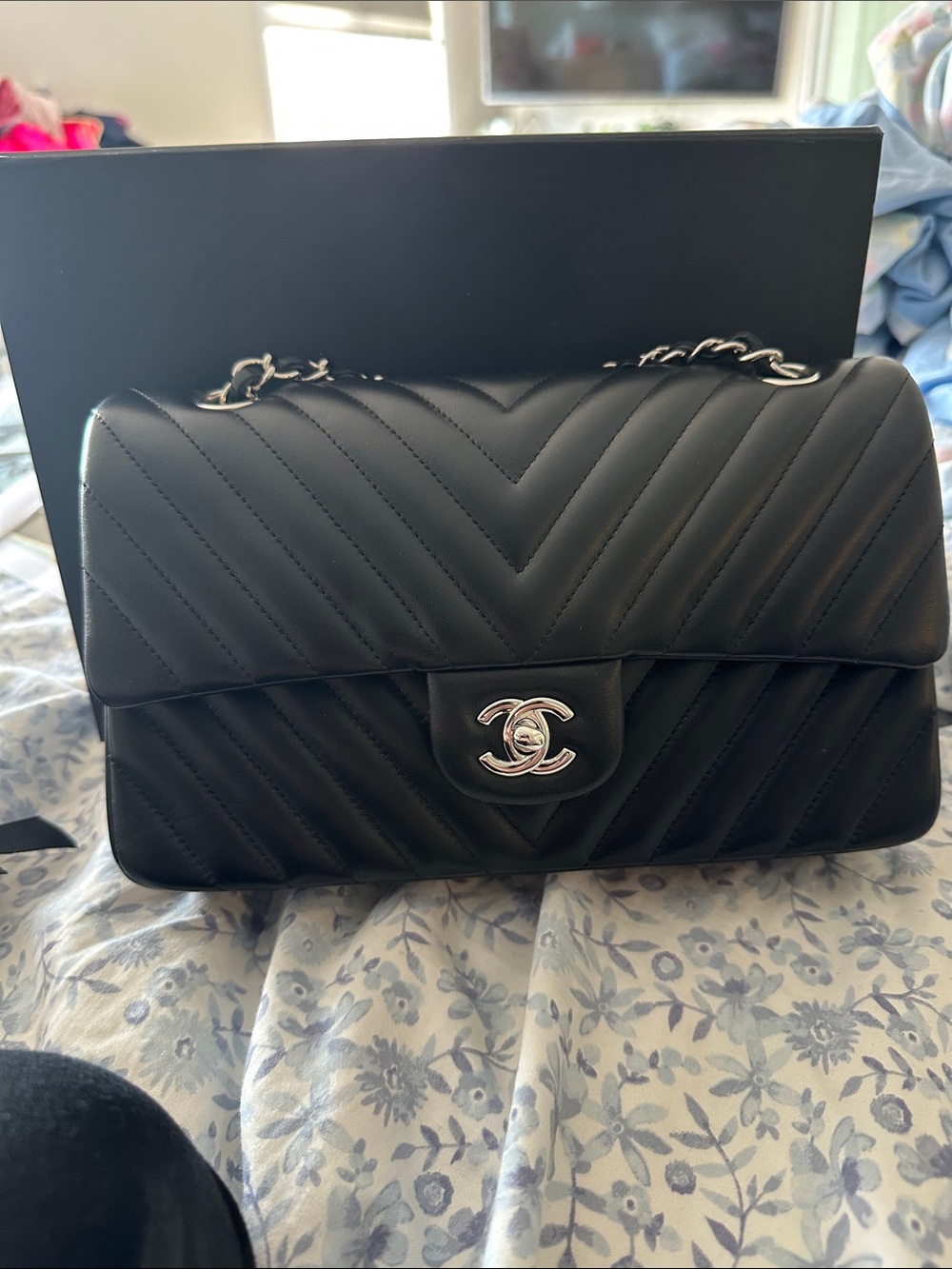 Black Quilted Chevron Shoulder Bag with Silver CC Lock